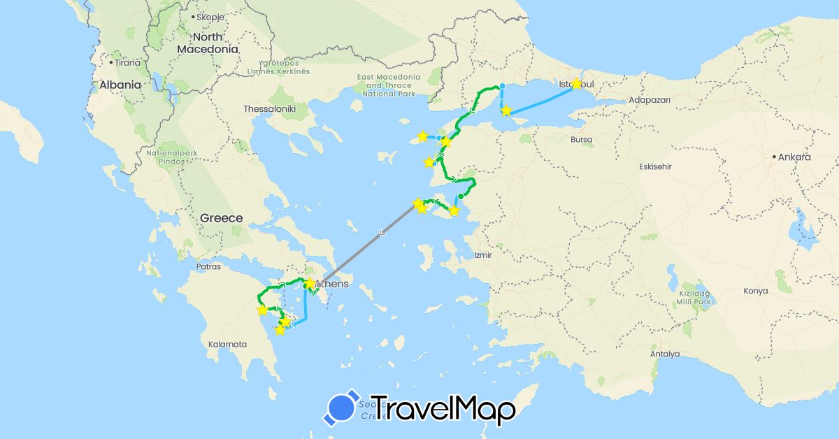 TravelMap itinerary: driving, bus, plane, boat in Greece, Turkey (Asia, Europe)