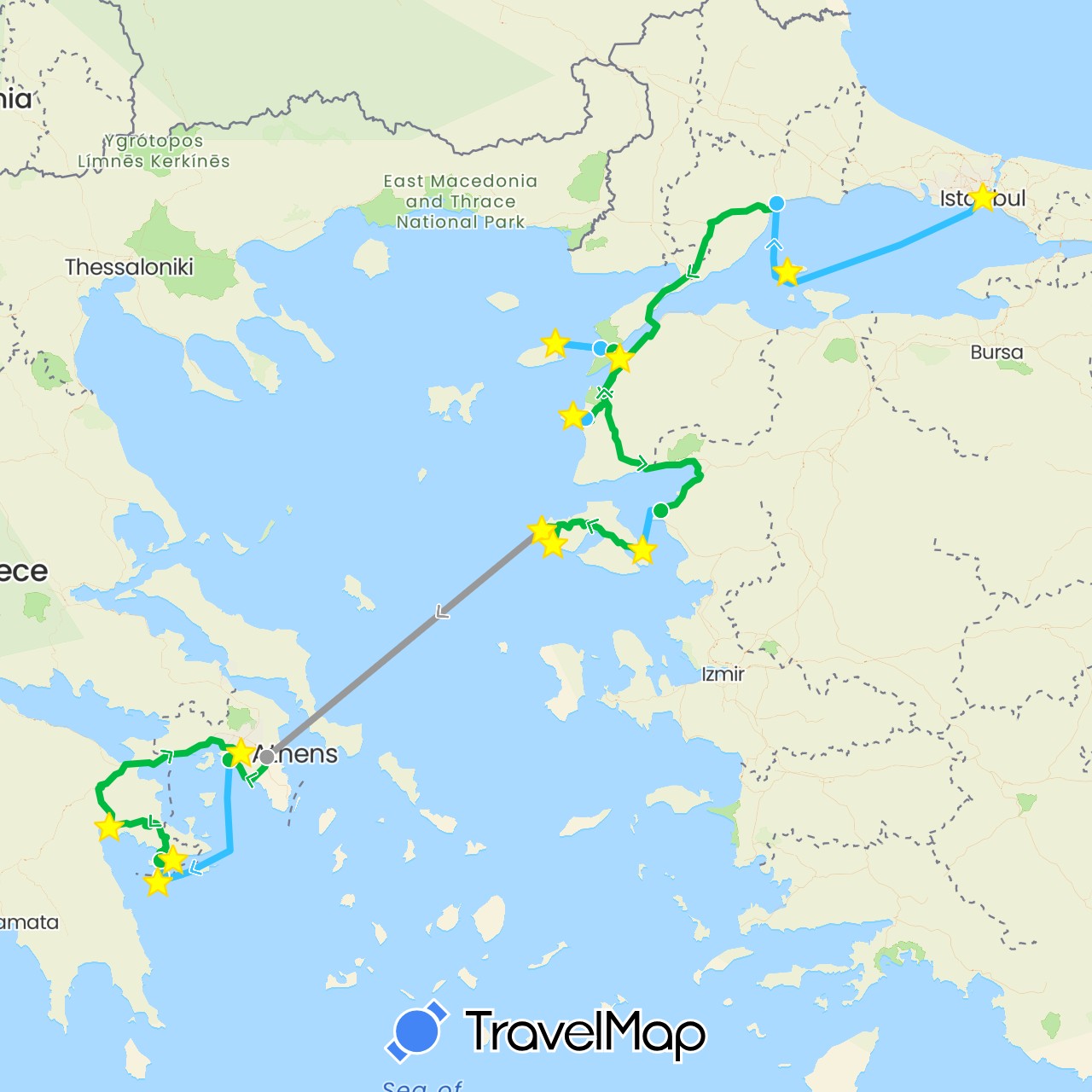 TravelMap itinerary: driving, bus, plane, boat in Greece, Turkey (Asia, Europe)